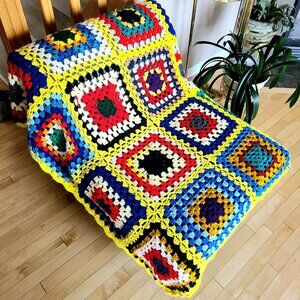 Granny square multicolored crochet throw blanket Afghan.
